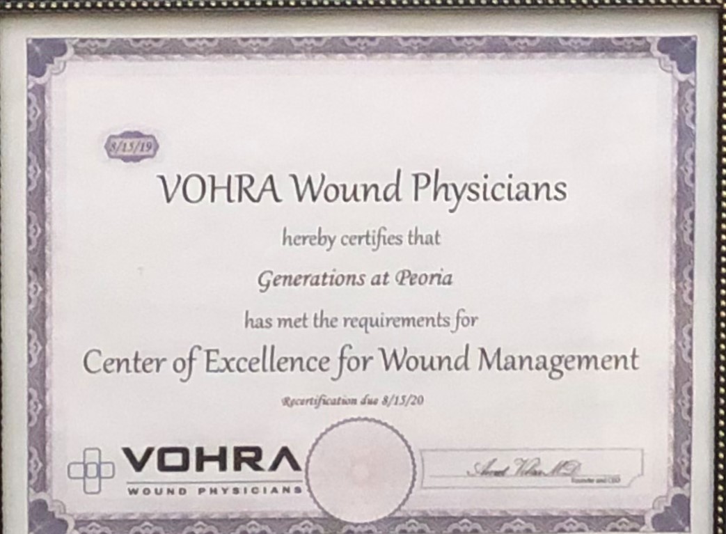 Generations at Peoria Earns Excellence Certificate for Wound Management